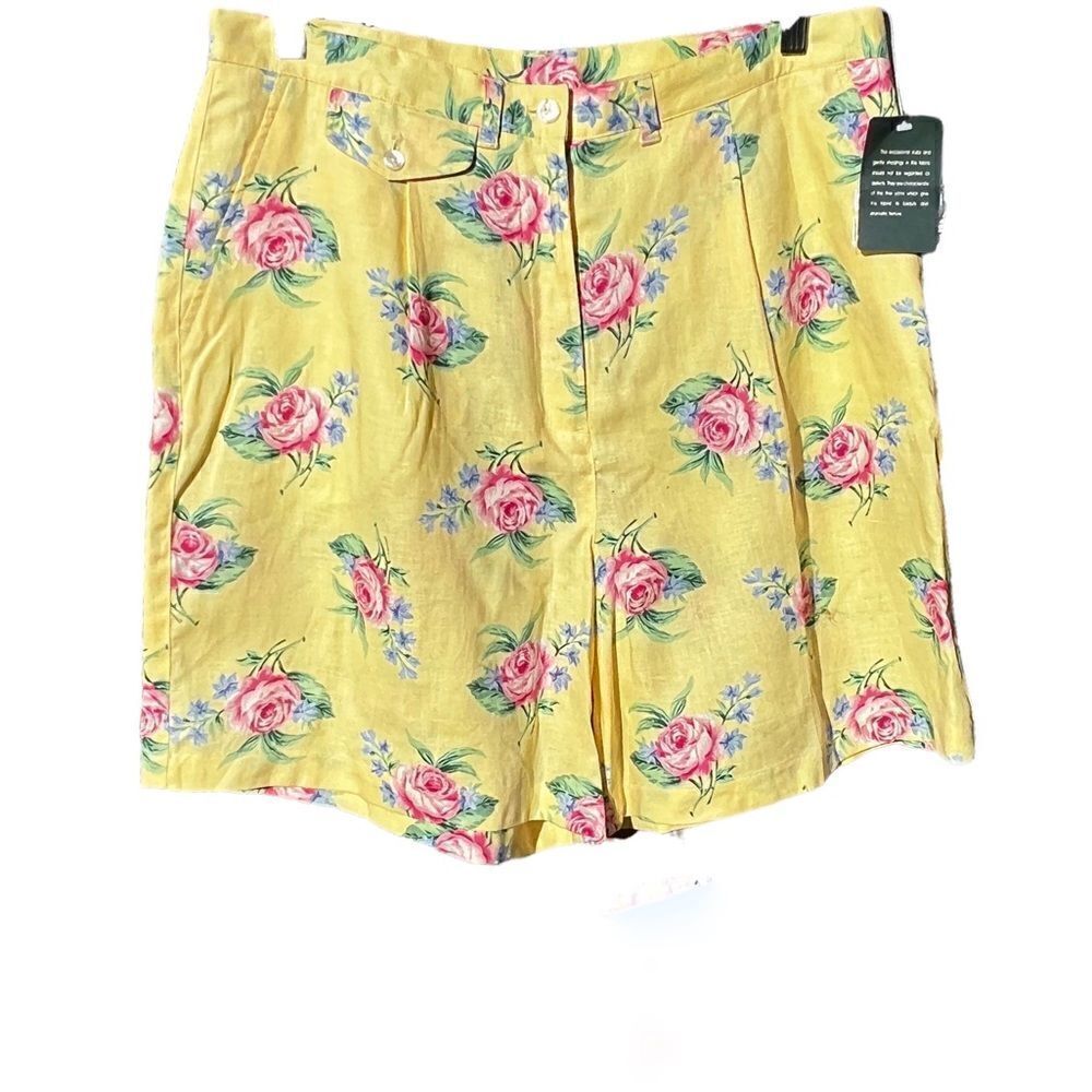Ralph Lauren 100% Linen Floral Summer Shorts Yellow w/ Floral Print Size 14W
